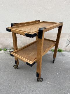 Jacques Adnet 1950s Oak and stitched leather bar cart by Jacques Adnet - 3959341