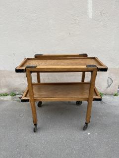 Jacques Adnet 1950s Oak and stitched leather bar cart by Jacques Adnet - 3959342