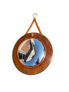 Jacques Adnet 1950s Pear wood and leather witch mirror by Jacques Adnet - 4546839