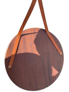 Jacques Adnet 1950s Pear wood and leather witch mirror by Jacques Adnet - 4546847