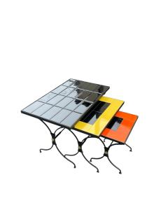 Jacques Adnet 1950s Stitched leather and ceramic nesting table by Jacques Adnet - 4362939