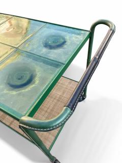 Jacques Adnet 1950s Stitched leather and glass bar cart by Jacques Adnet - 4637675