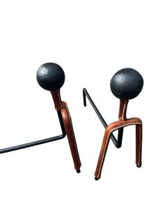 Jacques Adnet 1950s Stitched leather and metal andirons - 4368019