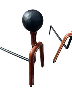 Jacques Adnet 1950s Stitched leather and metal andirons - 4368021