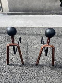 Jacques Adnet 1950s Stitched leather and metal andirons - 4368022