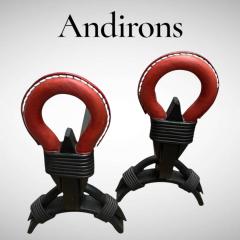 Jacques Adnet 1950s Stitched leather and metal andirons by Jacques ADNET - 4811498