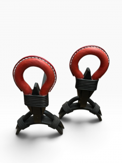 Jacques Adnet 1950s Stitched leather and metal andirons by Jacques ADNET - 4812356