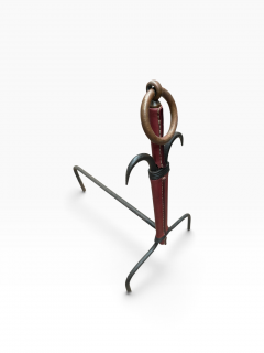 Jacques Adnet 1950s Stitched leather and metal andirons by Jacques ADNET - 4811548