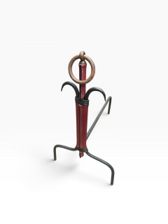 Jacques Adnet 1950s Stitched leather and metal andirons by Jacques ADNET - 4811553
