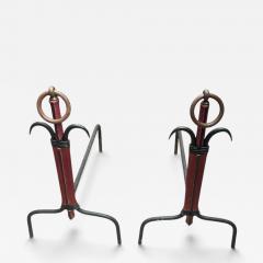 Jacques Adnet 1950s Stitched leather and metal andirons by Jacques ADNET - 4812357