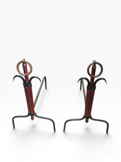 Jacques Adnet 1950s Stitched leather and metal andirons by Jacques ADNET - 4812358