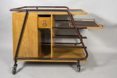 Jacques Adnet 1950s Stitched leather and oak bar cart by Jacques Adnet - 2793935