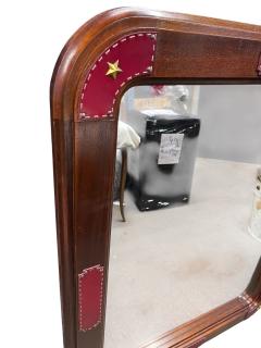 Jacques Adnet 1950s Stitched leather and pearwood wall mirror by Jacques Adnet - 4363202