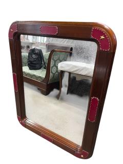 Jacques Adnet 1950s Stitched leather and pearwood wall mirror by Jacques Adnet - 4363209