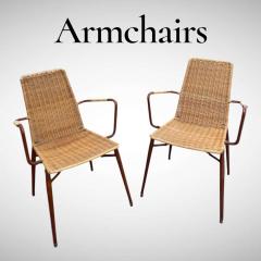Jacques Adnet 1950s Stitched leather and rattan armchairs by Jacques ADNET - 4721169