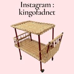 Jacques Adnet 1950s Stitched leather and rattan bar cart by Jacques Adnet - 4637655