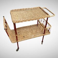 Jacques Adnet 1950s Stitched leather and rattan bar cart by Jacques Adnet - 4637656