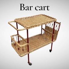 Jacques Adnet 1950s Stitched leather and rattan bar cart by Jacques Adnet - 4637657