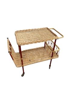 Jacques Adnet 1950s Stitched leather and rattan bar cart by Jacques Adnet - 4637658