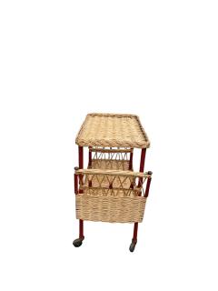 Jacques Adnet 1950s Stitched leather and rattan bar cart by Jacques Adnet - 4637660