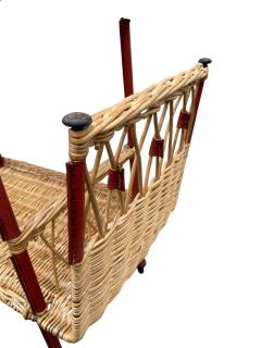 Jacques Adnet 1950s Stitched leather and rattan bar cart by Jacques Adnet - 4637665