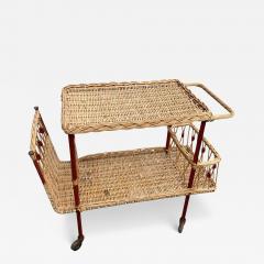 Jacques Adnet 1950s Stitched leather and rattan bar cart by Jacques Adnet - 4640716