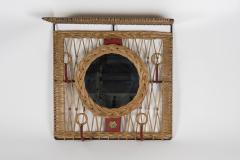 Jacques Adnet 1950s Stitched leather and rattan wall mirror by Jacques Adnet - 2892751