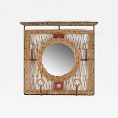Jacques Adnet 1950s Stitched leather and rattan wall mirror by Jacques Adnet - 2896138