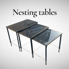 Jacques Adnet 1950s Stitched leather brass and opaline nesting tables by Jacques Adnet - 4533255