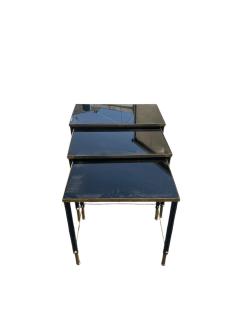 Jacques Adnet 1950s Stitched leather brass and opaline nesting tables by Jacques Adnet - 4533257