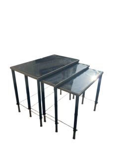 Jacques Adnet 1950s Stitched leather brass and opaline nesting tables by Jacques Adnet - 4533260