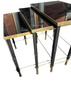 Jacques Adnet 1950s Stitched leather brass and opaline nesting tables by Jacques Adnet - 4533262