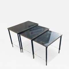 Jacques Adnet 1950s Stitched leather brass and opaline nesting tables by Jacques Adnet - 4533408