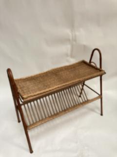 Jacques Adnet 1950s Stitched leather table with a top forming a rattan tray by Jacques Adnet - 3248479