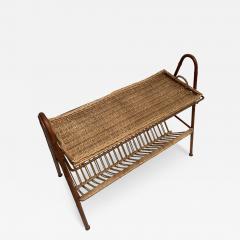 Jacques Adnet 1950s Stitched leather table with a top forming a rattan tray by Jacques Adnet - 3251472