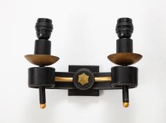 Jacques Adnet A Pair of Double Arm Sconces in Brass and Black Leather - 2864658