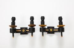 Jacques Adnet A Pair of Double Arm Sconces in Brass and Black Leather - 2864662