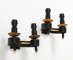 Jacques Adnet A Pair of Double Arm Sconces in Brass and Black Leather - 2864666