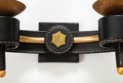 Jacques Adnet A Pair of Double Arm Sconces in Brass and Black Leather - 2864669