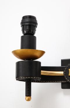 Jacques Adnet A Pair of Double Arm Sconces in Brass and Black Leather - 2864671