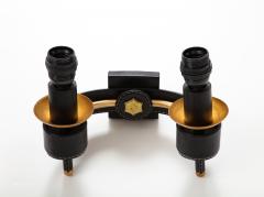 Jacques Adnet A Pair of Double Arm Sconces in Brass and Black Leather - 2864676