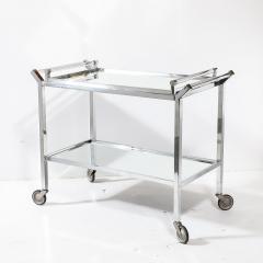 Jacques Adnet Art Deco 2 Tier Rectilinear Nickel Bar Cart w Lucite Handles Mirror by Adnet - 4142460