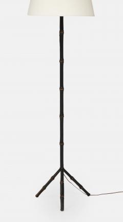 Jacques Adnet Black Leather Tripod Faux Bamboo Floor Lamp by Jacques Adnet - 3431654
