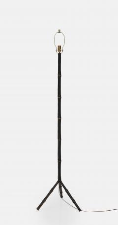Jacques Adnet Black Leather Tripod Faux Bamboo Floor Lamp by Jacques Adnet - 3431674