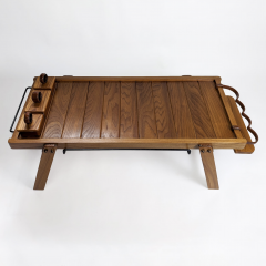 Jacques Adnet ELM AND LEATHER COFFEE TABLE WITH BOXES AND BOTTLE RACK by Jacques Adnet 1950  - 3147430