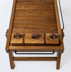 Jacques Adnet ELM AND LEATHER COFFEE TABLE WITH BOXES AND BOTTLE RACK by Jacques Adnet 1950  - 3147433