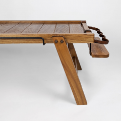 Jacques Adnet ELM AND LEATHER COFFEE TABLE WITH BOXES AND BOTTLE RACK by Jacques Adnet 1950  - 3147434