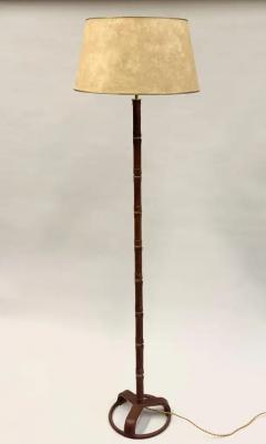 Jacques Adnet French Hand Stitched Faux Bamboo Brown Leather Floor Lamp by Jacques Adnet - 4112898