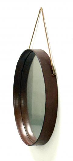 Jacques Adnet French Mid Century Round Stitched Dark Brown Leather Mirror Jacques Adnet 1955 - 4214674