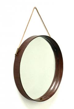 Jacques Adnet French Mid Century Round Stitched Dark Brown Leather Mirror Jacques Adnet 1955 - 4214677